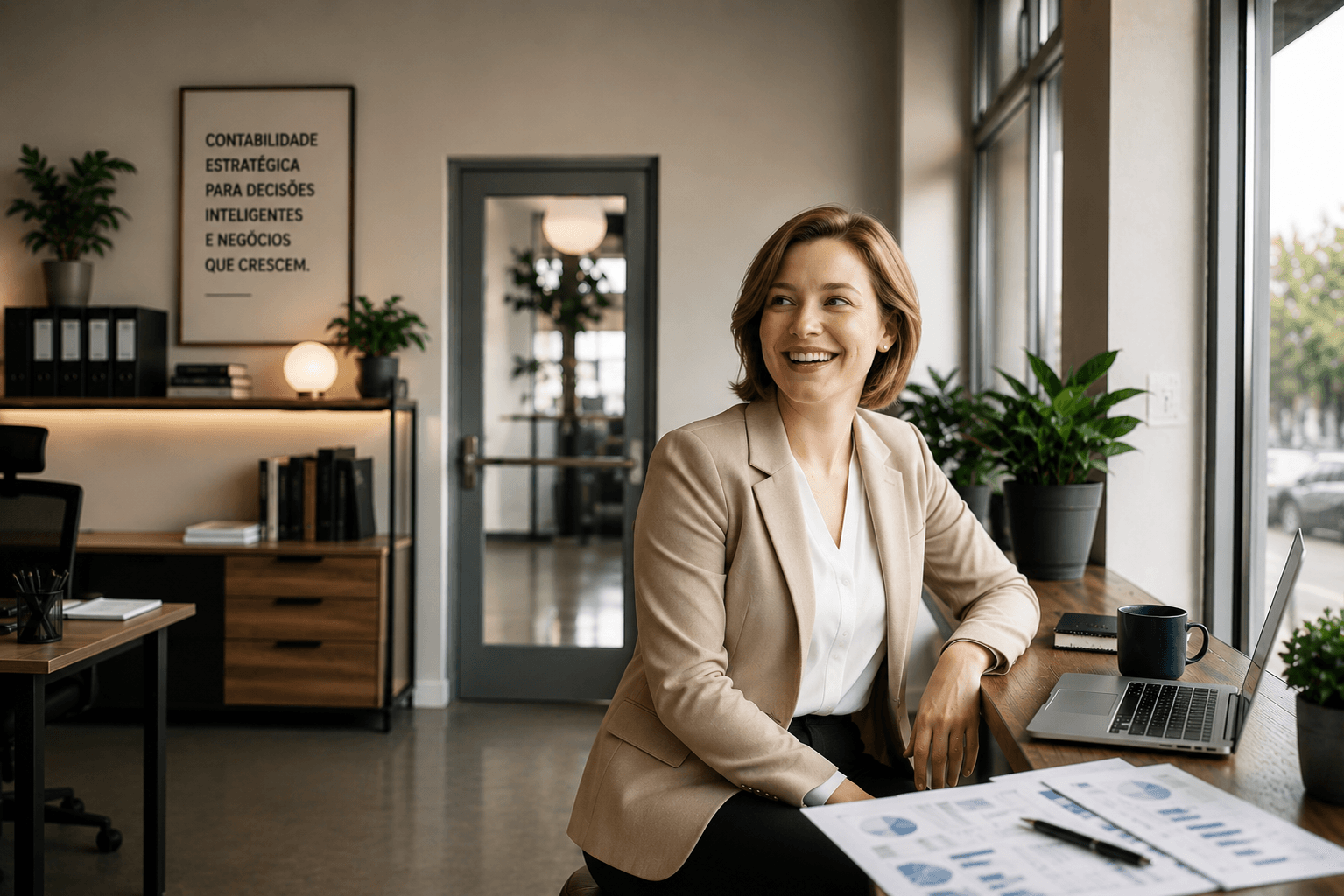 Empreendedora sorridente em seu espaço de trabalho, representando os clientes que a Contazelo atende