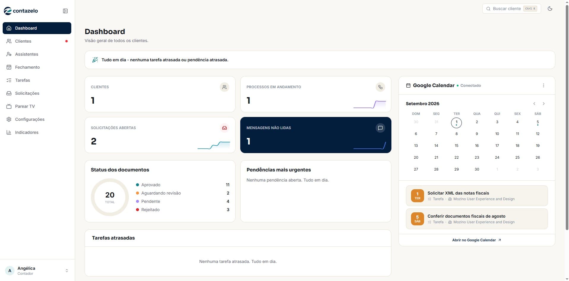 Painel do Contazelo mostrando o dashboard do escritório, com clientes, processos e o Google Calendar conectado
